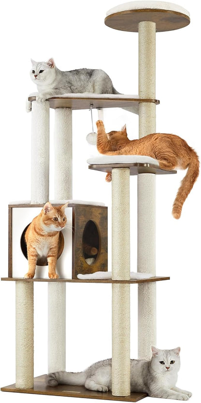 Feandrea Cat Tree, 64.6-Inch Modern Cat Tower, Multi-Level Condo with 5 Scratching Posts, Perch, Washable Removable Cushions, Cave, Rustic Brown UPCT166X01