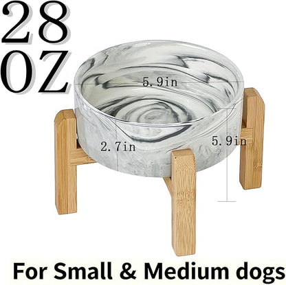 Elevated/Raised Ceramic Dog Bowl with Bamboo Stand,Marble Pattern 6 Inch 3.6 Cups Non Slip Heavy Weighted Single Pet Dish, for Small Medium Breed & Cats,Reduces Neck Strain Marble Grey