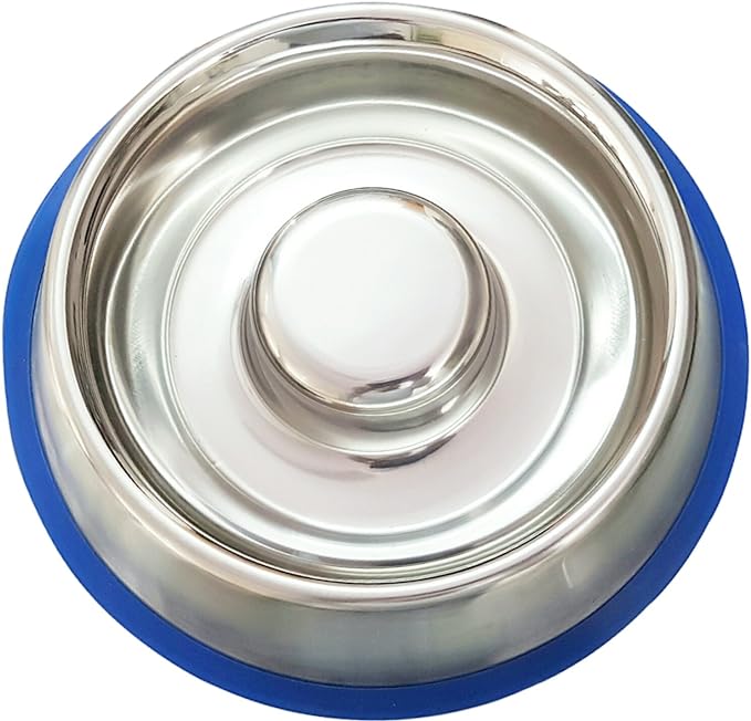 Mr. Peanut's Stainless Steel Interactive Slow Feed Dog Bowl with a Blue Silicone Base, Fun Healthy Bloat Stop Feeder (Medium)