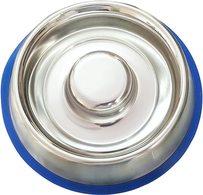 Mr. Peanut's Stainless Steel Interactive Slow Feed Dog Bowl with a Blue Silicone Base, Fun Healthy Bloat Stop Feeder (Medium)