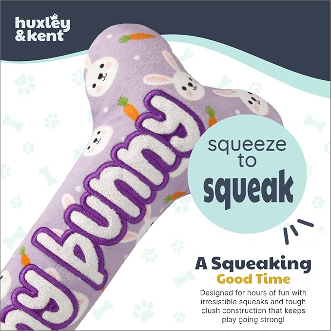 Huxley & Kent Funny Dog Toy w/Squeaker – Power Plush Squeaky Dog Toys for Small, Medium & Large Dogs – Soft Stuffed Animal for Indoor Play & Fetch - Funny Bunny Bone, Large