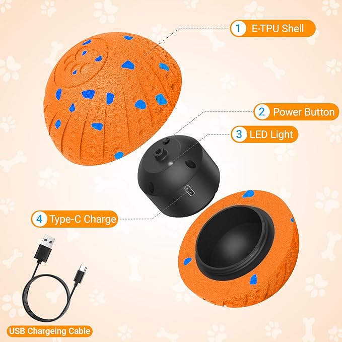 Self-Moving Dog Toy Ball for Small Medium Dogs, 6In Automatic Rolling Bouncing Vibrating Dog Ball, E-TPU Chew-Proof Waterproof, Anxiety Relief Boredom Buster for Indoor Outdoor, O18-Orange