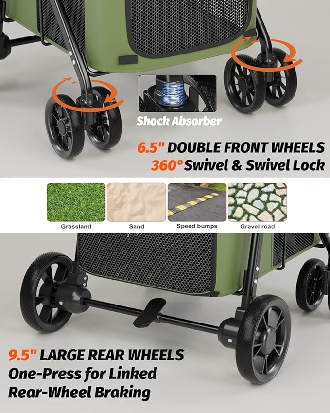 Dog Stroller for Large & Medium Dogs, Pet Stroller for 2 Small Dogs Up to 80 Lbs, Extra Large Heavy Duty, Folding & Breathable, All-Terrain Wheels, Military Green