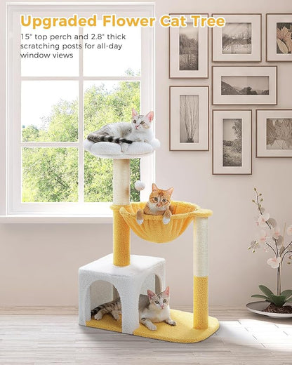 Cute Cat Tree with Flower Top Bed - Cloud Scratching Posts, 35" Small Cat Tower with Large Metal Frame Hammock for Indoor Cats, White Cat Condo for Kittens, Yellow