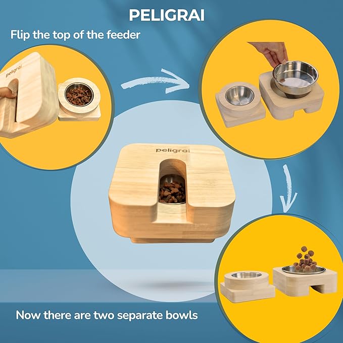 3 in 1 Cat Feeder Bowl, Interactive Cat Slow Feeder, Unique Wooden Non-Slip Pet Food and Water Bowl Dishes