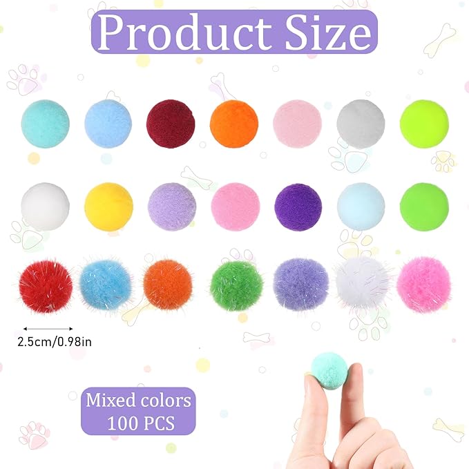 100 Pcs Cat Toy Balls 1'' Colorful Cat Pom Pom Balls 2 Style Soft Interactive Kitten Ball Cats Sparkle Fuzzy Ball Fuzzy Kitten Exercise Playing Quiet Toy for Exercise Entertainment