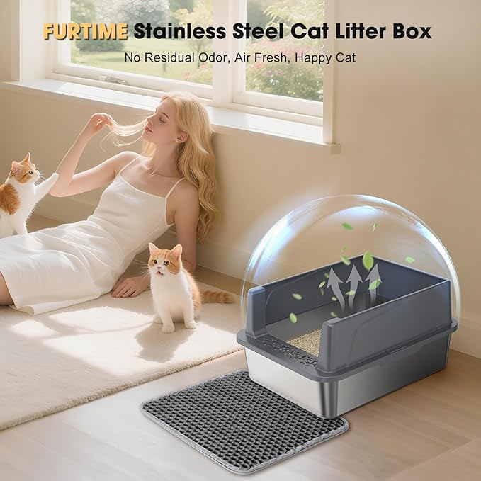 FURTIME Stainless Steel Cat Litter Box with Lid, Metal Kitty Litter Box for Small Cats, Kitten Litter Boxs with Scoop and Mat, Non-Sticky, Anti-Leakage, Easy to Clean, 17"x13"x8.4" (Small)