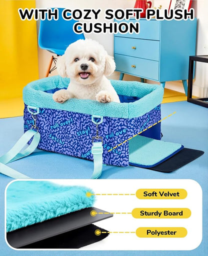 BurgeonNest Center Console Dog Car Seat for Small Dogs, Puppy Cat Car Seat Booster with Soft Cushion Safety Belt, Seats Safe & Cozy Metal Frame Armrest Dog Booster Pet Under 11 lbs (Word)
