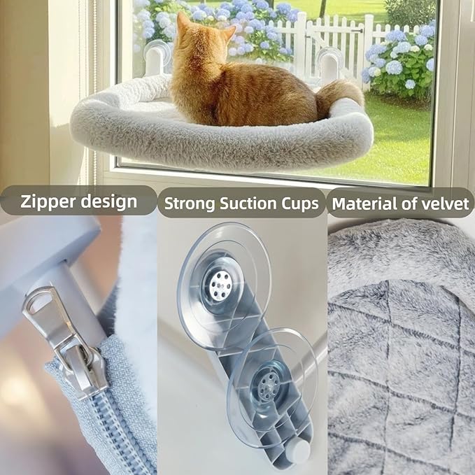 Cat Window Perch with Suction Cups- Cordless,Ultra Soft Machine Washable Bed with 4-Sided Bolster, Strong Hold for Large Cats up to 40lbs Window Hammock for Large Cats and Kittens(Gery,M)