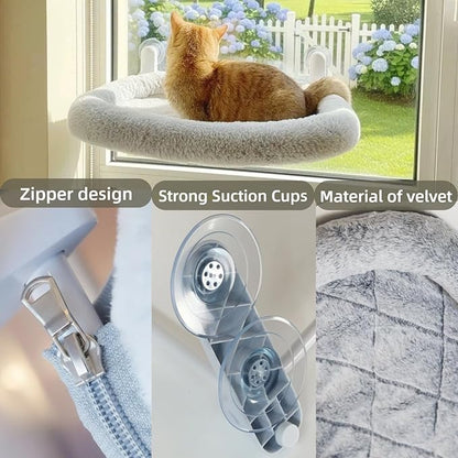 Cat Window Perch with Suction Cups- Cordless,Ultra Soft Machine Washable Bed with 4-Sided Bolster, Strong Hold for Large Cats up to 40lbs Window Hammock for Large Cats and Kittens(Gery,M)