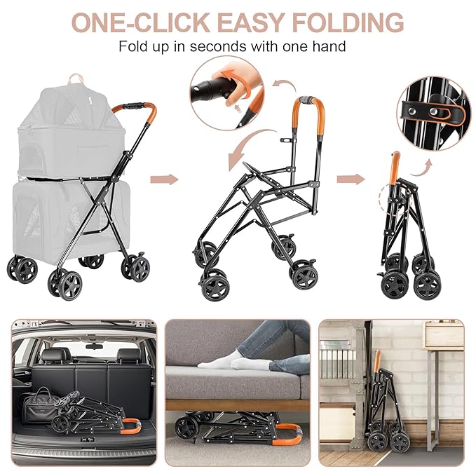 Double Pet Stroller with Detachable Carrier for Medium Small Dogs and Cats, Lightweight Dog Stroller Travel Carriage with No-Zip Canopy Storage Basket One-Click Folding and One-Foot Brake