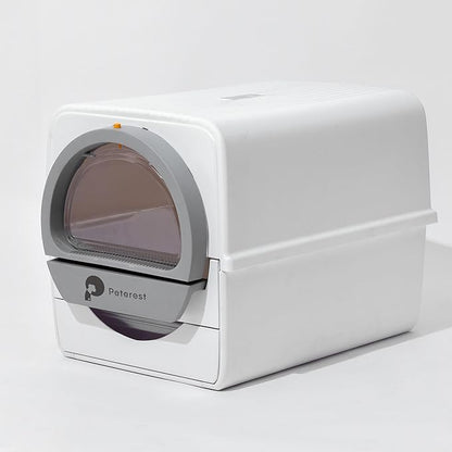 Semi-Automatic Self Cleaning Cat Litter Box for Large Cats, Pull-Push Easy Clean Litter Box with Lid, Dog Proof, Extra Large, White (Micro Crystal Litter Included)