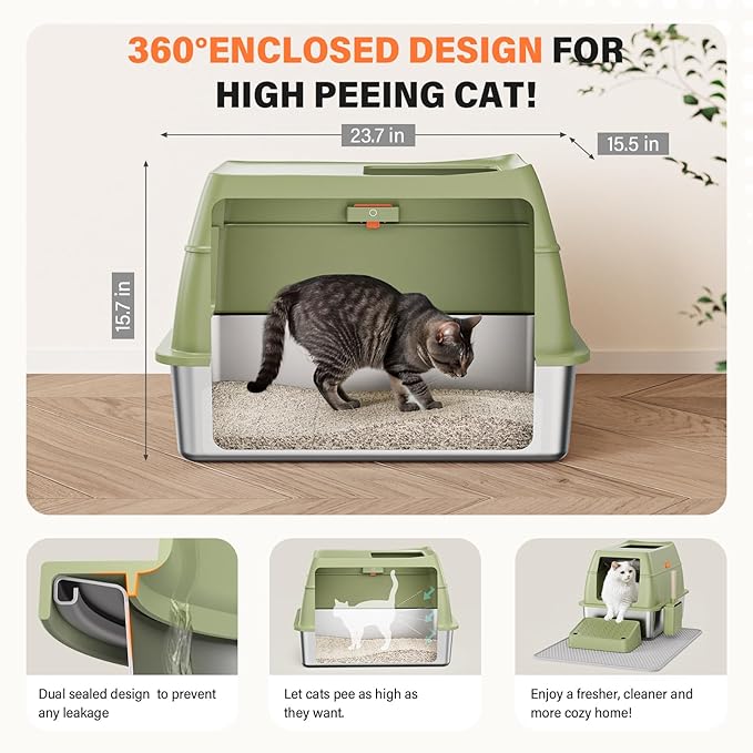 Removable Stainless Steel Cat Litter Box with lid, Front & Top Entry Kitty LitterBox，Cat Litter Box Enclosure, XL Extra Large High-Sided Metal Cat Box with Scoop,Mat,Footboard (Green)