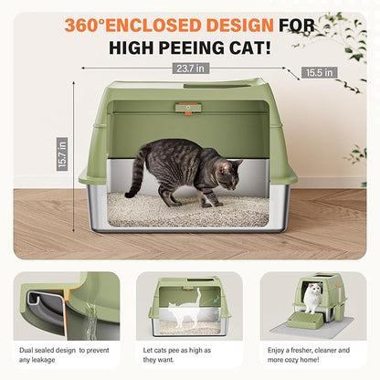 Removable Stainless Steel Cat Litter Box with lid, Front & Top Entry Kitty LitterBox，Cat Litter Box Enclosure, XL Extra Large High-Sided Metal Cat Box with Scoop,Mat,Footboard (Green)