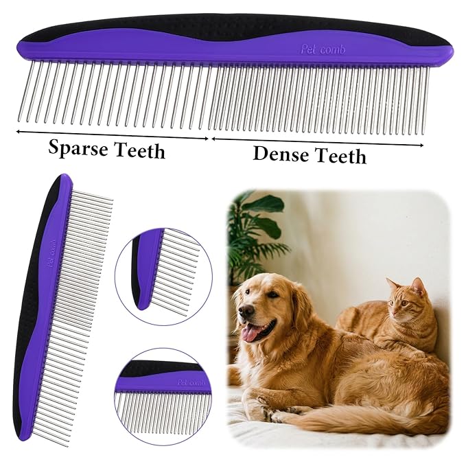 2pcs Dog Comb & Cat Comb for Grooming, Stainless Steel Teeth and Rubber Non-Slip Handle for Removes Loose Undercoat,Knots,Mats,Tangled Hair for Large, Medium, Small Dogs and Cats Purple+Blue