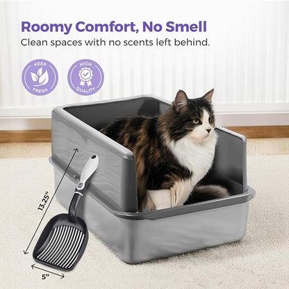 iPrimio XL Stainless Steel Litter Box for Cats with Enclosure and 1 Scooper - Easy to Clean, High-Sided Litter Box for Extra Litter Scatter Protection - XL Size for Big Cats - 23.5"x15.5"x6"