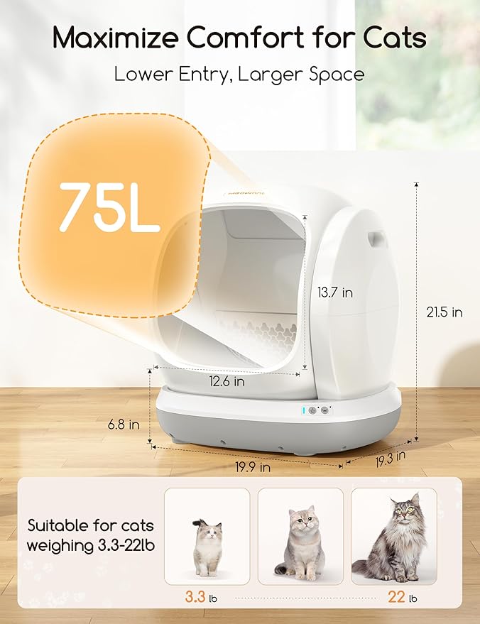 MeoWant Self-Cleaning Cat Litter Box, 75L Extra Large Open Automatic Cat Litter Box for Multi Cats, Integrated Safety Protection/APP Control/Odor Removal Smart Box with Mat & Liner (Gray)
