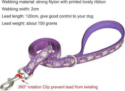 Purple Floral Print Dog Leash - 4Ft Durable Nylon for Medium & Large Dogs, Lightweight (M, Purple Floral)