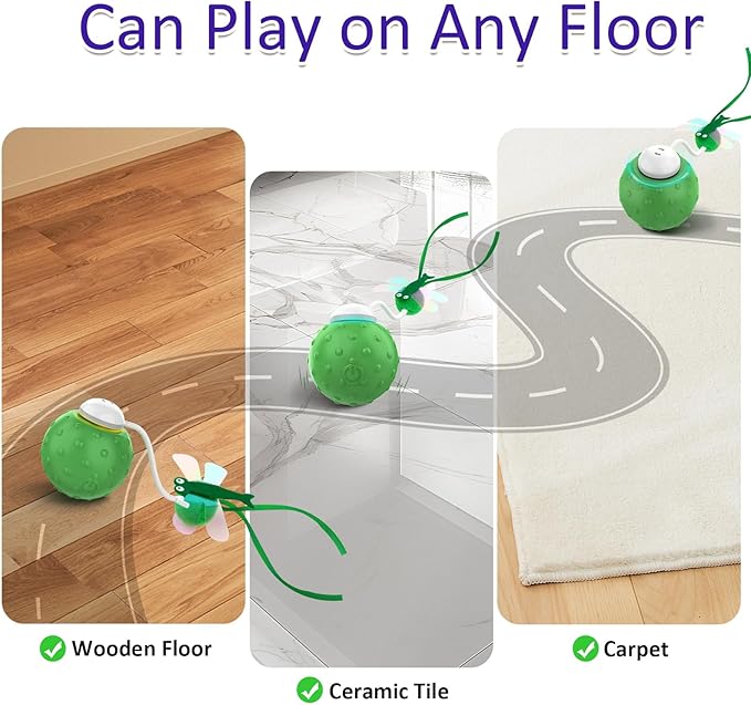Interactive Cat Ball Toy, Fast Moving Cat Toys for Indoor Cats-with Dragonfly & Feather Tails,Automatic Motion Activated, Realistic Squeak Sound for Exercise Stimulation (Green)