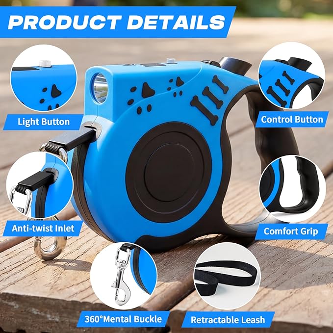 Retractable Dog Leash with USB Rechargeable Flashlight for Night Walks, 16FT Automatic Telescopic Tractor Dog Leash for Small and Medium Dogs, Blue