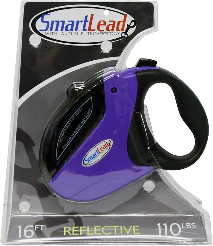 SmartLead Retractable, Reflective, Heavy-Duty 16-Foot Nylon Dog Leash, Tangle Free, Anti-Slip Brake Technology, Easy Grip Handle, Good for Dogs up to 110 Pounds – Purple