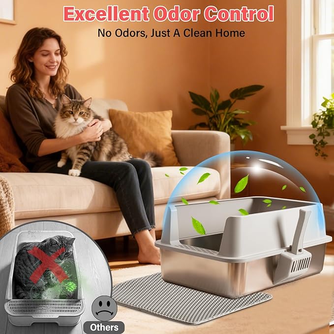 Stainless Steel Cat Litter Box with Lid, 2 Pack XL Metal Litter Box High Sided, Odor-Free/Anti-Urine Leakage & Non-Stick, Extra Large Litter Box with Mat & Scoop for Multiple/Big Cats, Easy Clean