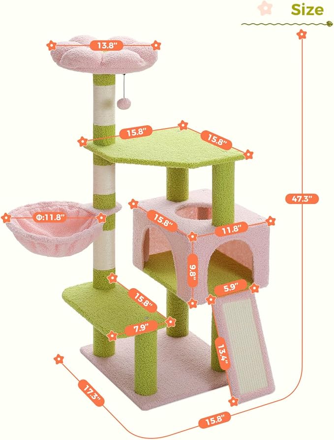 Flower Cat Tree 47.2" Multi-Level Cat Tower with Sisal Covered Scratching Posts, Cute Cat Condo for Indoor Small Medium Cats, Pink Top Perch, Fluffy Ball, Pink