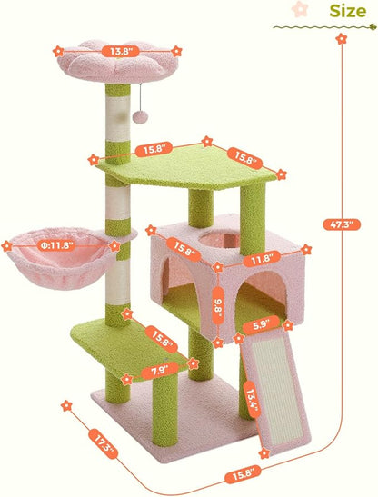 Flower Cat Tree 47.2" Multi-Level Cat Tower with Sisal Covered Scratching Posts, Cute Cat Condo for Indoor Small Medium Cats, Pink Top Perch, Fluffy Ball, Pink