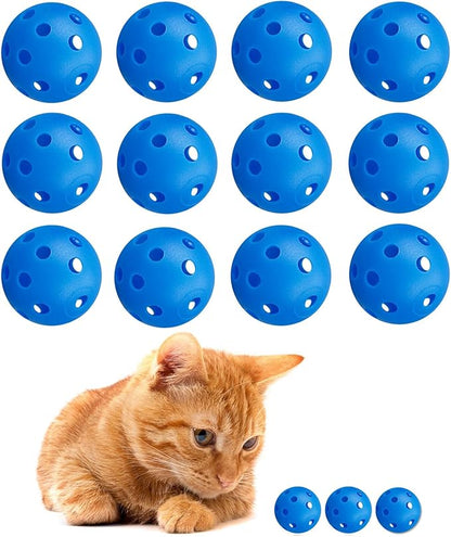 12Pcs Cat Ball Toy, Low Noise No Bells Holey Plastic Cat Balls, Funny Interactive Cats Toys for Indoor Cats, Firm Toy Balls for Kitten Puppy Ferret Bird (1.65", Blue)