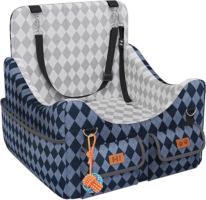 Dog Car Seat for Small/Medium Dogs up to 35lbs, 4-Pocket Storage Memory Foam Dog Booster Seat, Detachable Washable Pet Car Seat with Safety Belt, Outdoor & Indoor Use (Blue/Grey)