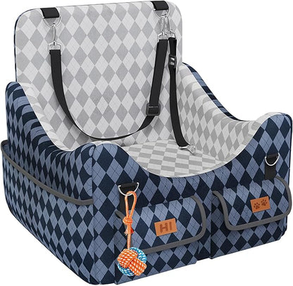 Dog Car Seat for Small/Medium Dogs up to 35lbs, 4-Pocket Storage Memory Foam Dog Booster Seat, Detachable Washable Pet Car Seat with Safety Belt, Outdoor & Indoor Use (Blue/Grey)