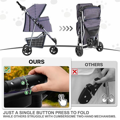 MoNiBloom 3 Wheels Pet Dog Cat Stroller for Small Medium Dogs Cats, Lightweight Foldable Jogger Stroller w/Storage Basket and Cup Holder, Plaid