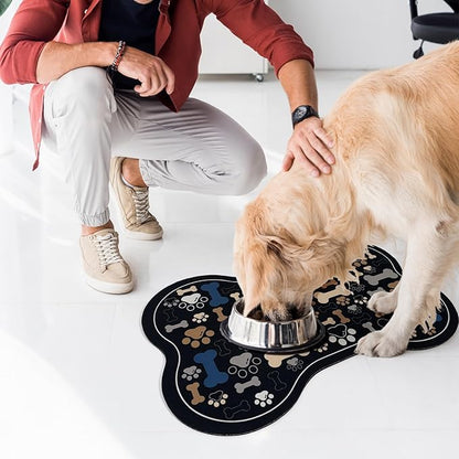 Dog & Cat Food Mat Bone Shaped Pet Feeding Mat Quick Absorb Water Bowl Placemat with Rubber Backing Indoor Floor Stain Resistant Pet Accessory Supplies (Black, 12x18 Inches)