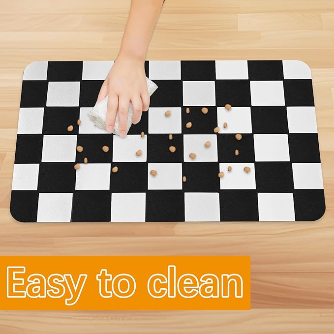 Checkered Dog Food mat, Non-Slip Sole Absorbent Dog and Water Bowl mat, Stain Free Quick Drying Checkerboard pet placemat, Suitable for cat、Puppy Accessories 12"x19" (Black)