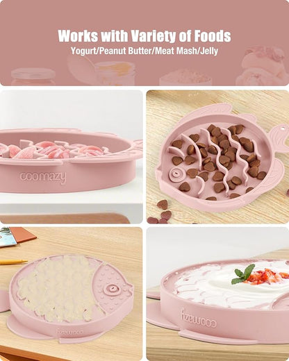 Coomazy 2-in-1 Silicone Slow Feeder Dog Cat Bowls, Lick Mat Interactive Puzzle Toy for Pets Dry/Wet Food Training, Keeps Dogs Cats Busy, Prevents Puppy Kitty Overeating (Pink, 1.2 Cup)