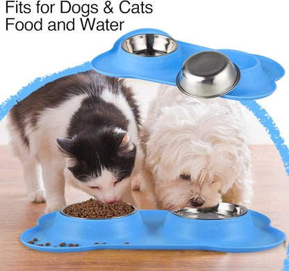 Dog Bowls 2 Stainless Steel Bowl for Pet Water and Food Feeder with Non Spill Skid Resistant Silicone Mat for Pets Puppy Small Medium Cats Dogs