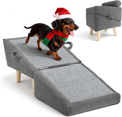 Dog Stairs for Small Dogs and Cats – 2-in-1 Dog Ramp for Couch and Low Bed, 16.5'' Foldable Wooden Pet Ramp, Sturdy Multi-Use Split Ottoman Design, Dark Grey