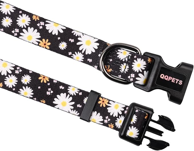 QQPETS Adjustable Soft Dog Collar: Print Flower Pink Multicolor Cute Patterns for XS Small Medium Large Pet Girl Boy Puppy Walking Running Training (S, White Daisy)