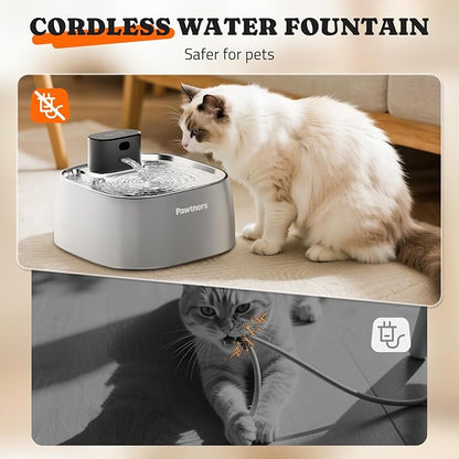 Pumpless Cat Water Fountain Stainless Steel, Automatic Cordless Cats and Dogs Water Dispenser 108oz/3.2L, Pawtners Battery Operated Pet Fountain with Smart Indicator &150° Motion Sensor