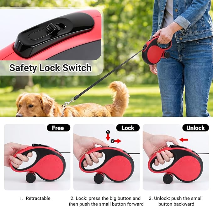 Segarty 16 Ft Retractable Leash with Waste Bag Dispenser, 5m Dog Leash Anti-Slip Handle and 360°Tangle-Free Retraction for Pets up to 66 lbs, Dogs Walking Accessories with One-Handed Brake Pause Lock