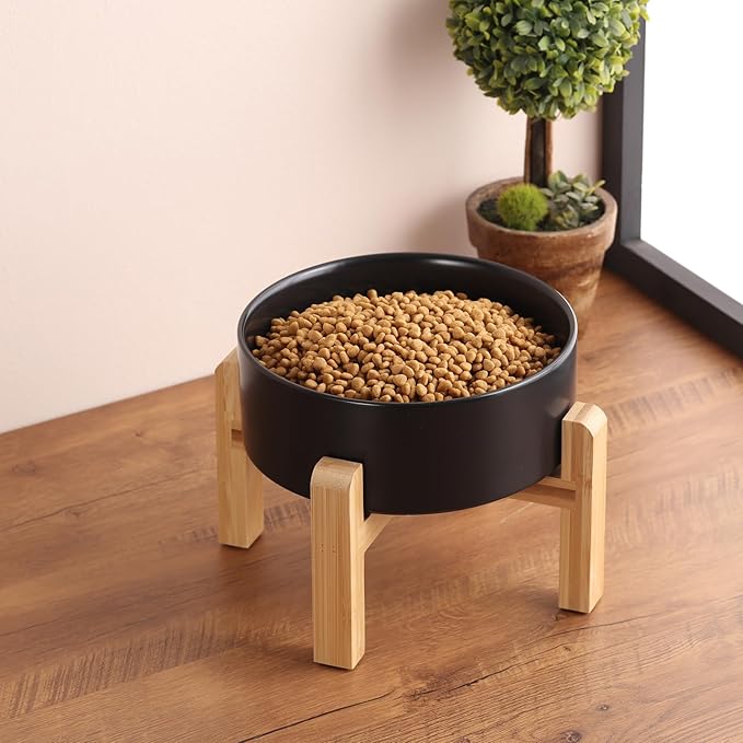 Black Elevated Dog Bowl Ceramic for Small Medium Sized Breed,Raised Dog Food Water Bowl with Stand,6 in 3.6 Cups Non Slip Pet Dish Heavy Weighted Marble Grey