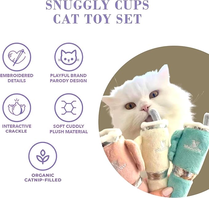 Snuggly Cups Set, Plush Cat Toys Catnip Filled with Interactive Crackle Sound, Safe & Durable Toys for Cat & Kitten, 3 Pcs