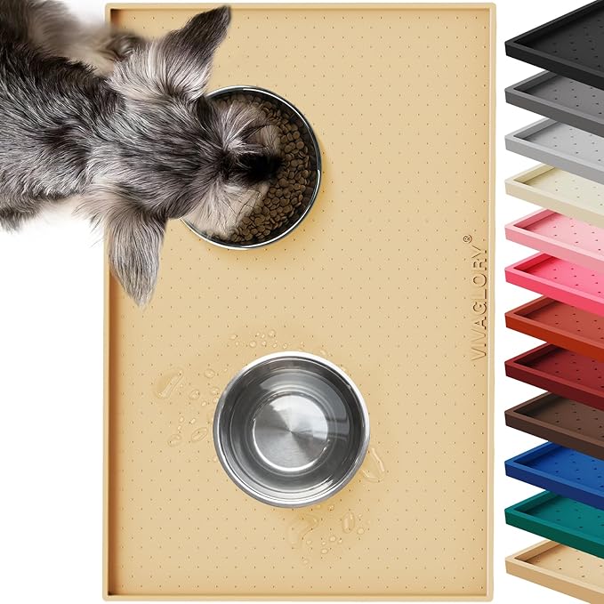 VIVAGLORY Dog Bowl Mat Grippymat Pet Food Mat, Waterproof Washable Nonslip Silicone for Pet & Cat, Food and Water Placemat with Lip & Raised Edges for Indoor Floor, S, Beige Yellow