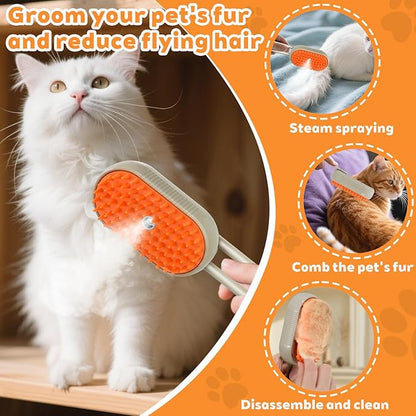 2025- New cat steam brush, 4-in-1 cat steam brush, for massaging and cleaning fallen pet hair, suitable for cats, dogs, rabbits and other pets (khaki + white) -2 pieces (Khaki color)