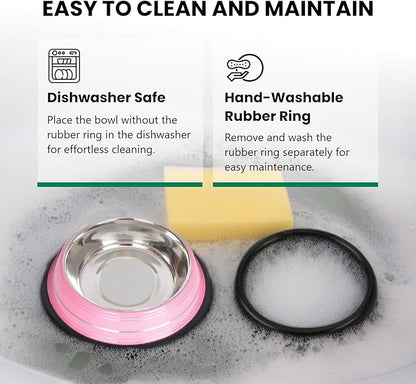 Iconic Pet Color Splash Stripe Non-Skid Stainless Steel Dog & Cat Bowl - Pink, 24 Oz, 3 Cup, Durable, Easy to Clean, Anti-Slip Feeding Dish for Food & Water, Stylish Design for Dogs and Cats