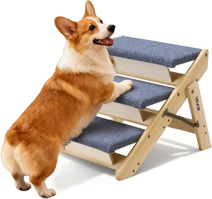 VEVOR Wood Pet Stairs, 3-Step Dog Stairs for Beds, Sofa & Cars, 150lbs Load Capacity, Floded Flat Design, Stable & Sturdy Cat & Dog Step Ladder for Small Medium Large Older Pet Puppy Essentials