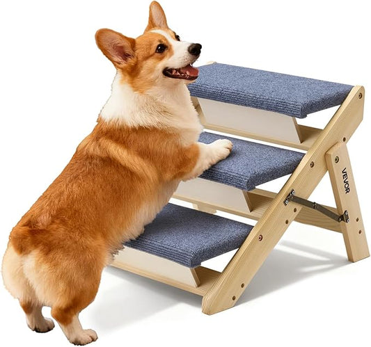 VEVOR Wood Pet Stairs, 3-Step Dog Stairs for Beds, Sofa & Cars, 150lbs Load Capacity, Floded Flat Design, Stable & Sturdy Cat & Dog Step Ladder for Small Medium Large Older Pet Puppy Essentials