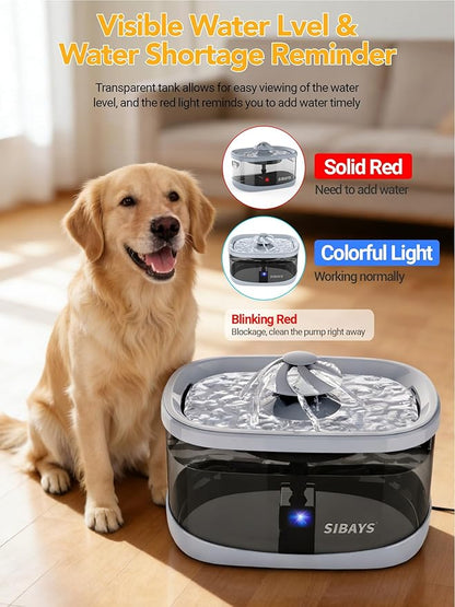 SIBAYS 9.5L Dog Water Fountain for Large Dogs, 2.5Gal Large Capacity Pet Water Fountain with 3 Flow Modes and LED Light, Automatic Ultra Quiet Dog Water Bowl Dispenser, Easy to Clean(FS82, Grey)