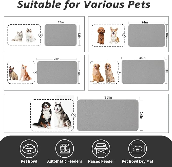 Dog Food Mat - Absorbent Cat Mat for Food and Water, No Stains Pet Feeding Bowl Mat, Easy to Clean Pet Placemats, Quick Dry Dog Water Dispenser Mat for Messy Drinkers | Grey 18"x 28"