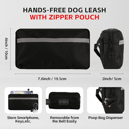 Hands Free Dog Leash with Waist Belt & Large Pouch, Waist Leash for Dog Walking, Running, Hiking & Jogging, Reflective Dual Padded Handles, Ideal for Medium/Large Dogs (30-120lbs)